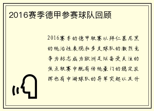 2016赛季德甲参赛球队回顾