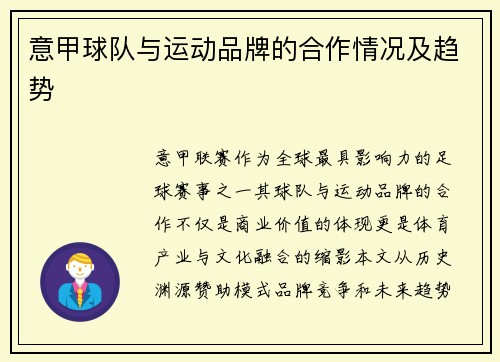 意甲球队与运动品牌的合作情况及趋势